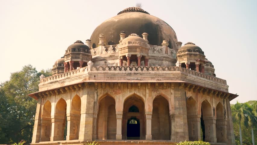 Architectural details of a heritage monument at Lodhi Garden, set amidst beautiful landscaping in Delhi, India.