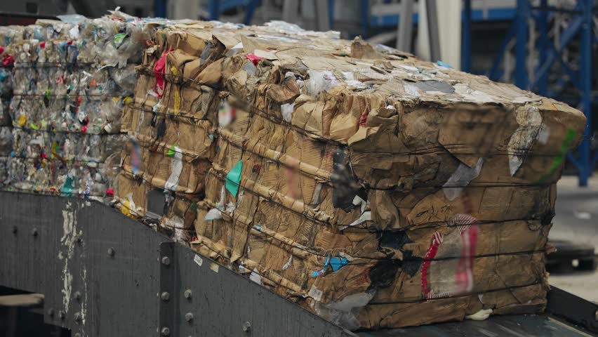 Recycling process: conveyor belt transporting compressed cardboard and plastic bales for sustainable waste management