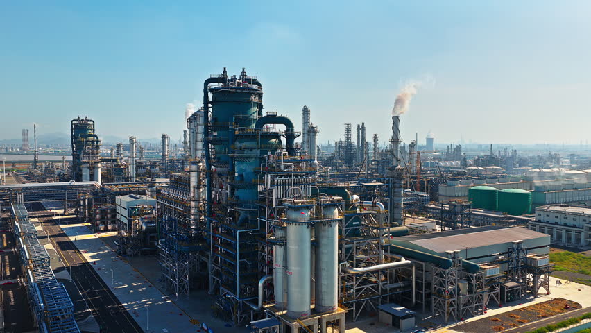 Drone shot of a large oil refinery and petrochemical plant with pipeline equipment in an industrial zone.
