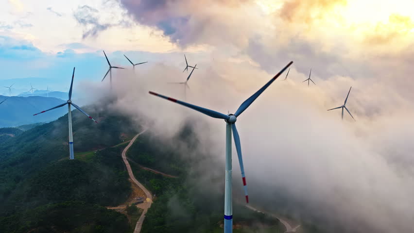 Modern wind turbines on a misty mountain ridge generating green energy in the morning