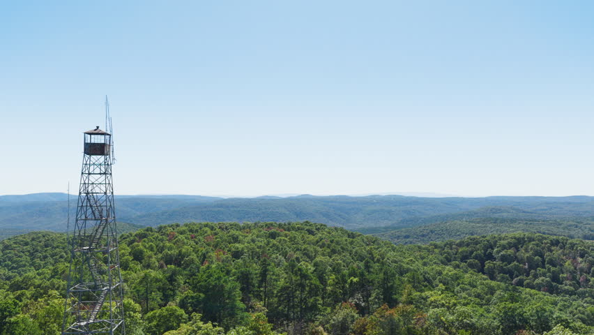 Daytime View Of Devils Knob Lookout Tower In Ozark National Forest, Arkansas - Drone Shot