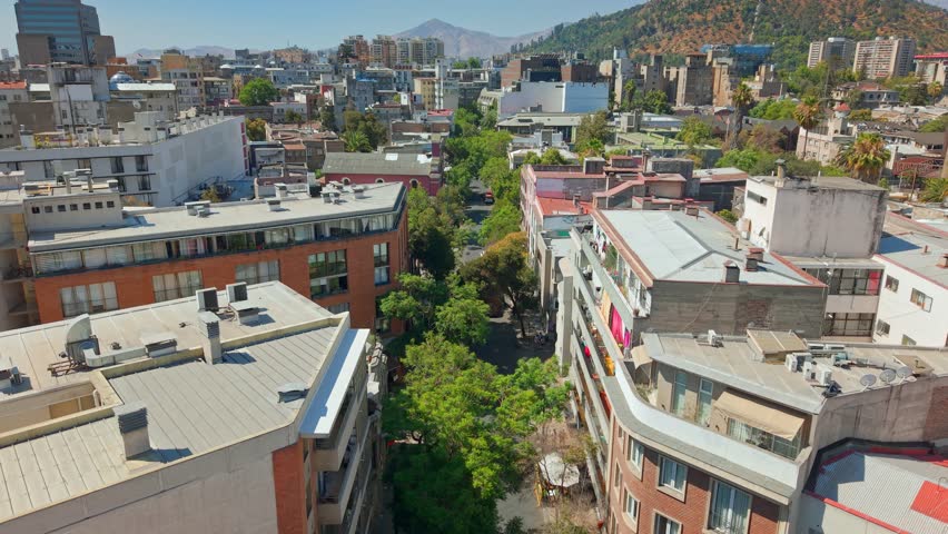 Aerial Establishing Flyover of Barrio Lastarria Santiago de Chile on Quiet Summer Day