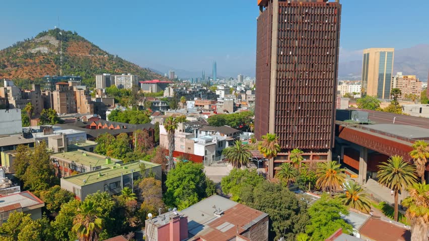 Aerial Fly Santiago de Chile City in Summer Over Barrio Lastarria GAM and San Cristobal Hill