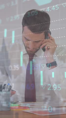 Animation of graphs, bars, circles, caucasian businessman talking on cellphone and drinking beverage. Digital composite, multiple exposure, report, progress, abstract and technology concept.