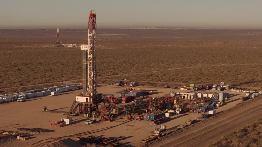 Oil drilling operation at Vaca Muerta, Argentina, under sunny skies