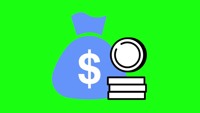 Minimalist cartoon of a blue money bag marked with a white $ sign beside a black‑and‑white trophy on a bright green backdrop, symbolizing financial reward and achievement.  