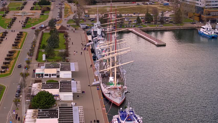 High-angle view of gdynia harbor with historic museum ships orp blyskawica and dar pomorza moored at the dock in skwer kosciuszki
