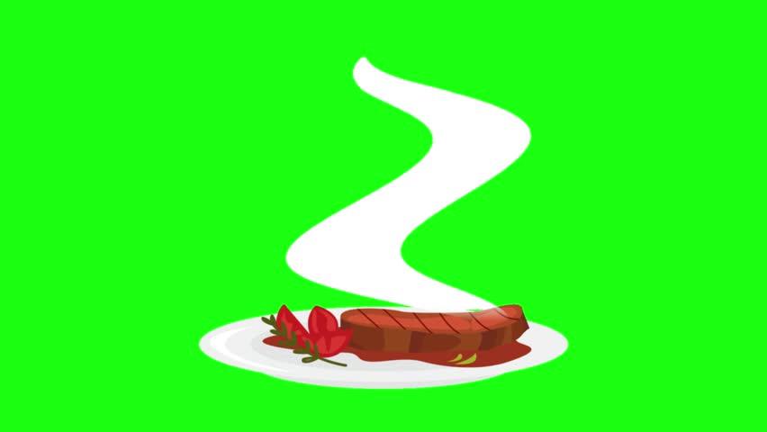 A vivid flat‑style illustration of a sizzling steak on a white plate, steam rising, garnished with red chili and green leaves, set against a vibrant green screen—ideal for culinary graphics.