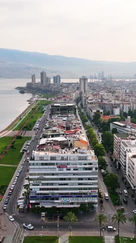 Izmir City from Above, vertical aerial Drone Footage in Turkey