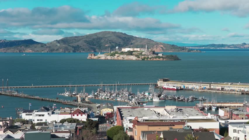 Wide panning aerial shot the San Francisco National Maritime Historical Park at Fisherman