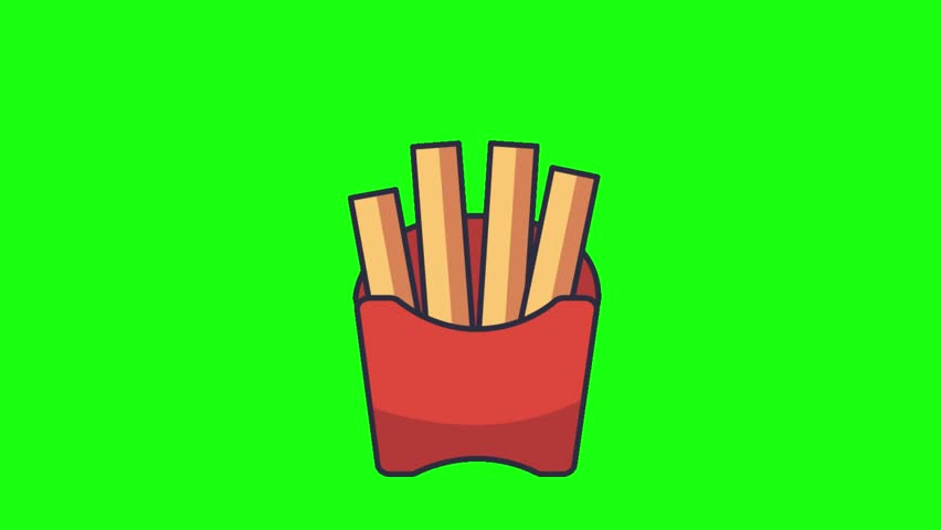 A playful flat‑style illustration of golden‑brown French fries served in a red paper container against a bright green background, perfect for fast‑food, snack, and kids‑oriented designs.  