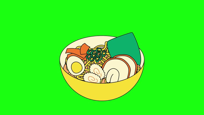 A cheerful flat‑style illustration of a yellow bowl filled with thick noodles, topped with beef, a soft‑boiled egg, seaweed, green onions, and mushrooms against a bright green backdrop. 