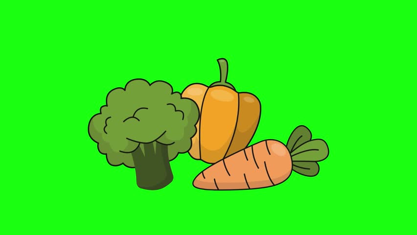 A bright flat‑style illustration of broccoli, pumpkin, and carrot arranged on a vivid green backdrop, perfect for educational and children’s content.