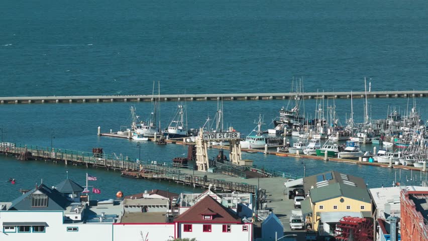 Aerial telephoto shot of historic Hyde Street Pier at Fisherman