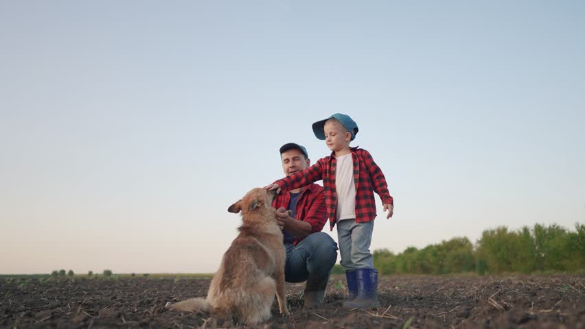 Farmer and his son playing with dog. pet outside backyard concept. father and son playing with a dog. a farmer and his son play with life a dog, a way of.