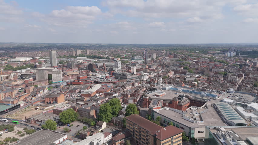 Leicester City Centre. UK, 05-08-2025: Aerial View of Leicester City Centre 