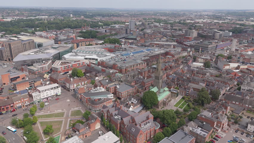Leicester City Centre. UK, 05-08-2025: Aerial View of Leicester City Centre 