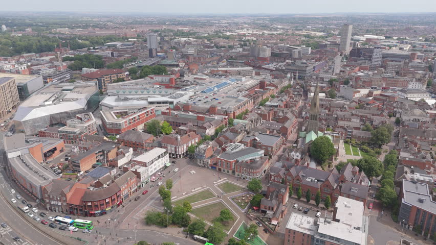 Leicester City Centre. UK, 05-08-2025: Aerial View of Leicester City Centre 