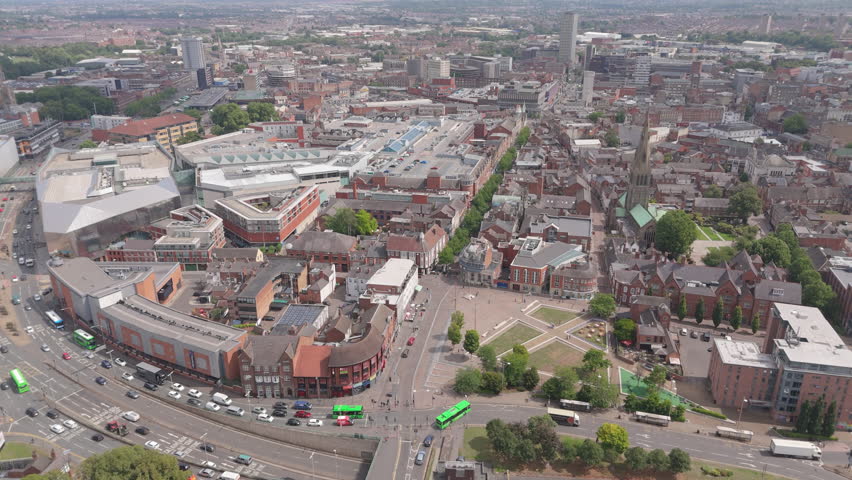 Leicester City Centre. UK, 05-08-2025: Aerial View of Leicester City Centre 