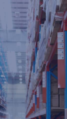 Animation of data processing against caucasian male worker carrying a box at warehouse. Future concept of supply chain and logistic network business