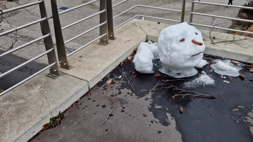 slightly tragic a melting snowman who looks like he’s just realized seasonal entity in a warming world.body melted and turned into water.head remained on the ground. It reminds of tragic executions.