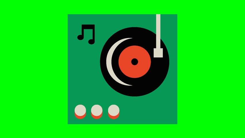 Animated Vinyl Record Player Turntable, Isolated on Green Screen Background