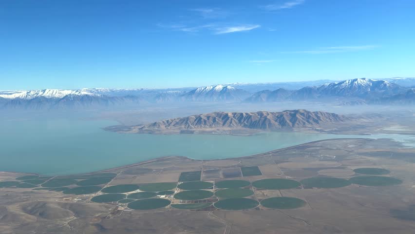 Airplane view flying over Great Salt Lake, Utah, USA.
