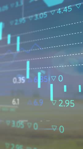 Financial data and stock market analysis animation over outdoor landscape. Finance, investment, growth, economy, digital, technology
