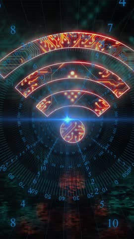 Animation of futuristic Wi-Fi signal with digital numbers and circuit patterns. Technology, innovation, connectivity, wireless, network, electronics
