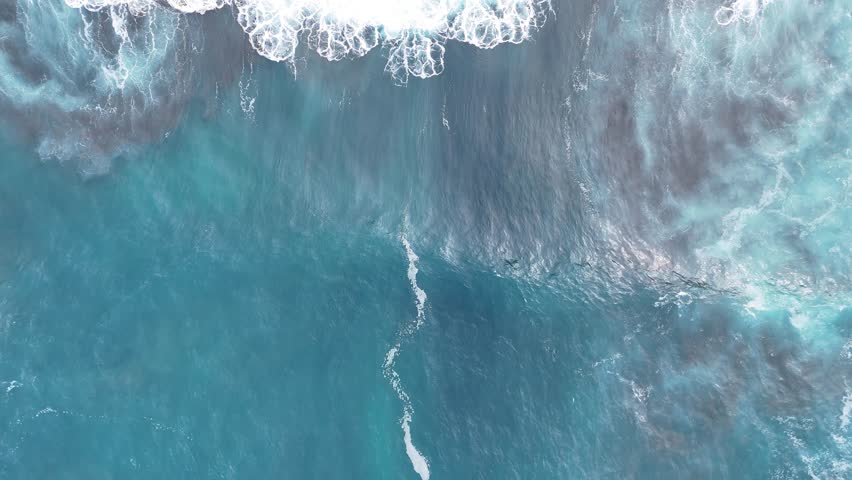 Aerial view of ocean waves crashing onto rocky shoreline, showcasing the dynamic movement of water and foam against dark sand and coastal vegetation in a coastal landscape. Top view to storm sea waves