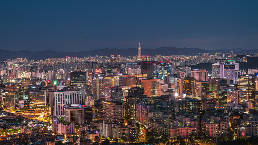A 4K time-lapse video(Zoom in) of Seoul, the capital of South Korea, at night, with the Lotte Tower in the background. South Korea.