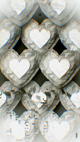 A looping background of stop motion style grungy paper love hearts in a stylised old vintage sepia film reel style.
