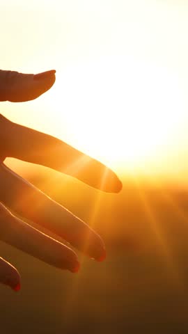 Close-up of the silhouettes of a couple in love holding their hands together and the golden sun gently setting below the horizon. The man and woman have their hands clasped tightly, romantic scene at sunset, slow motion. Couple stands close together deep bond and emotional connection.