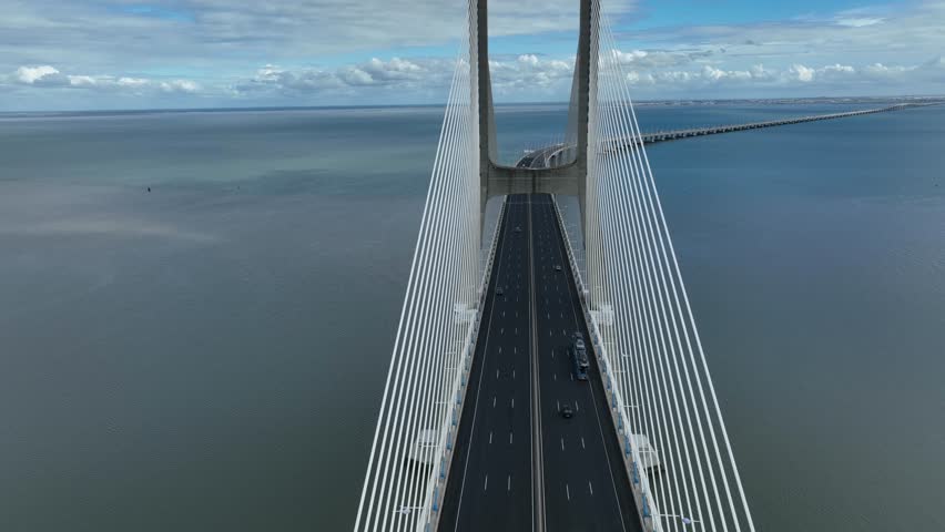 Vasco Da Gama Bridge in Lisbon, Portugal over the Tagus River. Drone Point of View. 4k