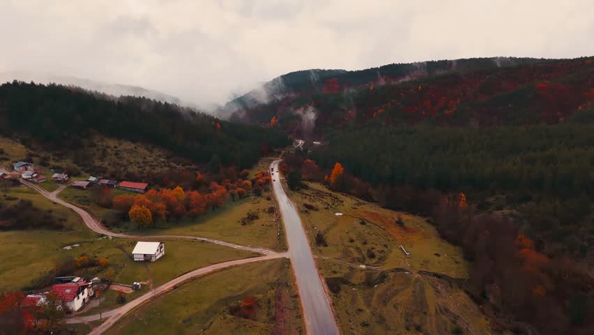 Aerial view of rural landscape with autumn foliage and winding road