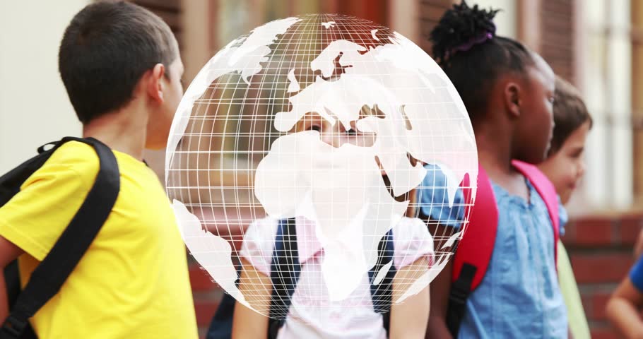 School bell ringing, students walking with backpacks while rotating globe overlay obscuring faces. Outdoor, urban, group, classmates, sidewalk, brick, daylight