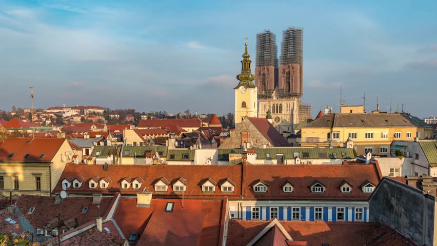 Zagreb Croatia time lapse high angle view city skyline at Zagreb Cathedral