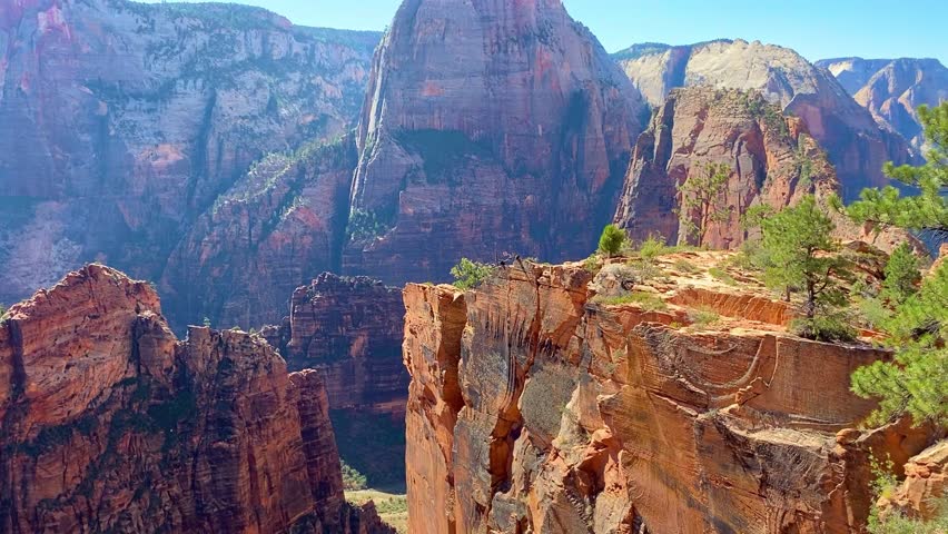 🏔️ Zion Majesty: Grand Panorama of Ancient Cliffs. Majestic Zion Red and White Cliffs with Rare Trees Under Sunny Blue Sky. Breathtaking views of grand red, white, and gray mountains in Zion National Park. Resilient trees grow on steep rocks against a clear blue sky. Cinematic travel background showcasing nature