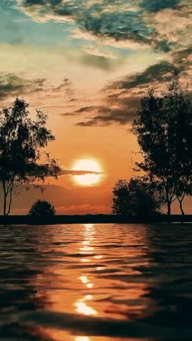 Beautiful sunset over a calm beach with warm golden tones, ideal for travel promotions, luxury lifestyle branding, relaxation content, cinematic visuals, and background video use with clean copy space.
