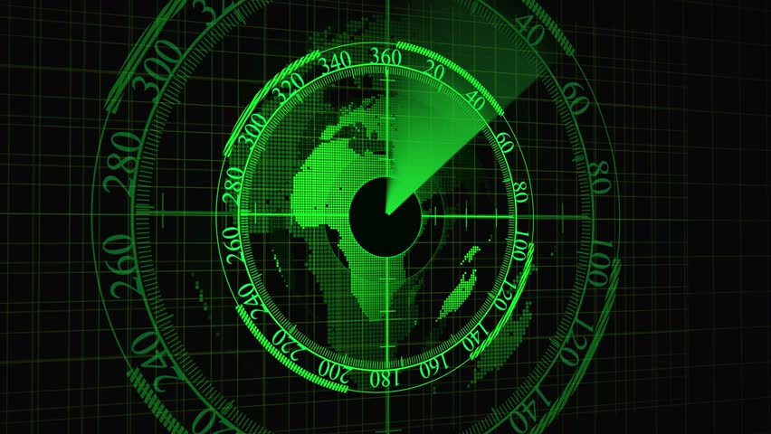 Detailed Green Radar Screen with a Pix elated Globe and Angular Degree Markings . High-tech green radar screen, pix elated Earth, angular markings on outer ring, animated interface visuals.