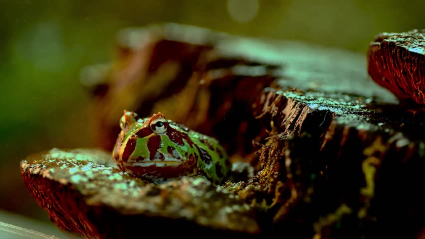 A colorful Pacman frog with distinctive markings sits on a mossy surface as water droplets fall around it, creating a serene natural scene