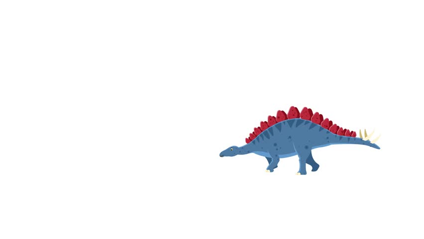 A small, blue and red stegosaurus dinosaur toy walks across a clean white background, showcasing its detailed design and vibrant colors.
