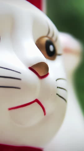 Japanese Lucky Cat Maneki Neko Waving Paw, Close Up Symbol of Good Fortune - 4K Vertical