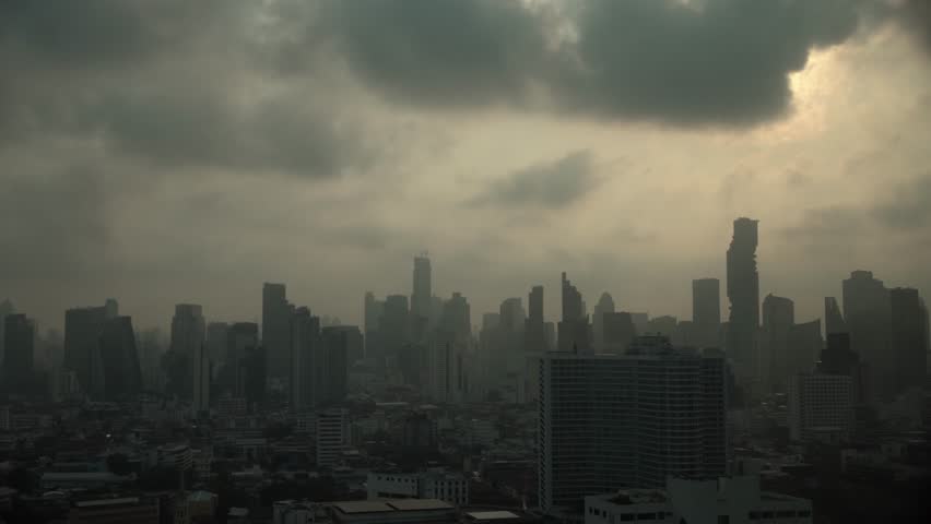 Cityscape of Bangkok covered by mixture of dust in air pollution. Heavy air pollution of fine particulate matter (PM2.5) in morning.