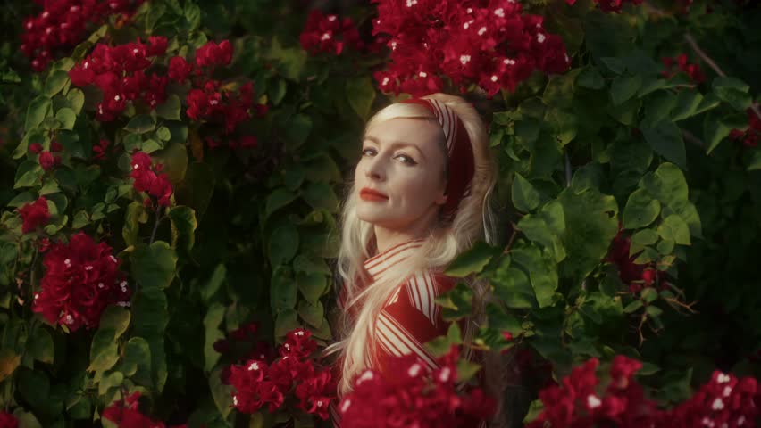 Woman With Vibrant Flower Bouquet. Serene Woman Displays Lush Bougainvillea In Garden Setting