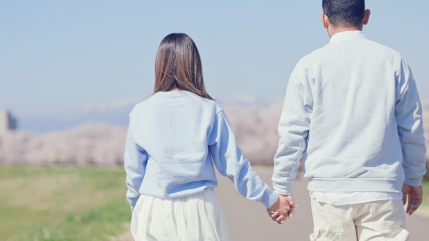Couple tourist sightseeing Kitakami Tenshochi Park with Sakura Cherry Blossom in Spring, traveler travel in Kitakami festival, Iwate prefecture, Japan. Landmark for Travel and Vacation destination 