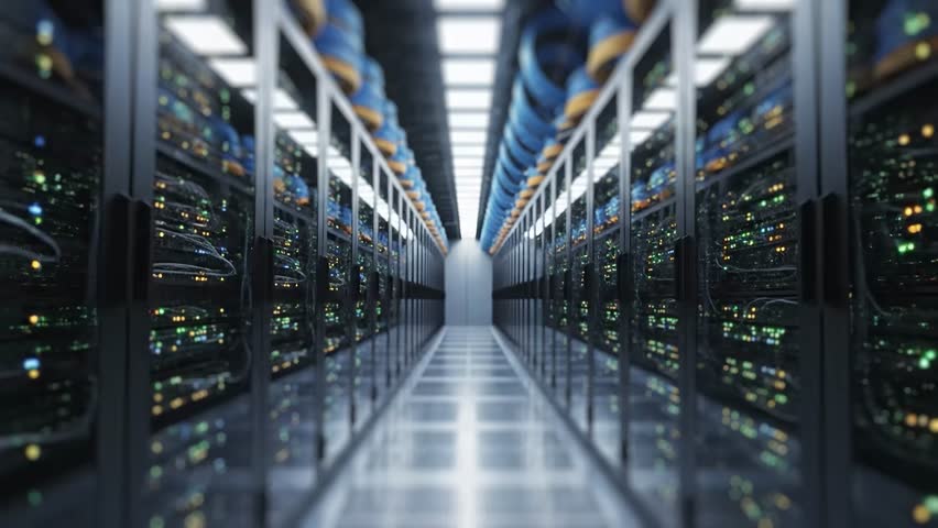 A futuristic motion graphic showcasing an endless corridor of server racks inside a modern data center. Blinking indicators and cable systems create a sense of continuous operation, high computing power, and system reliability. The visual symbolizes the foundation of cloud services, artificial intelligence, and global data networks. Ideal for IT presentations, tech intros, and digital content.