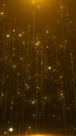 Golden glitter background, happy new year holiday concept. Golden luxury bokeh on particles floating in the air. Dust glitter particles . Particles event awards trailer titles cinematic concert stage