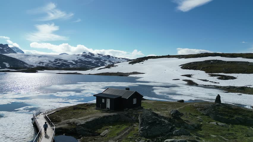 Scenic landscape of snowy mountains and crystal clear lake in Norway