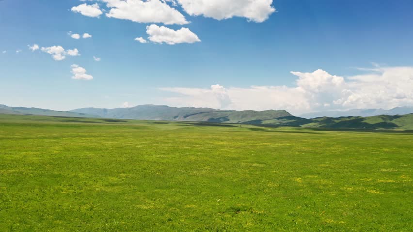 Expansive green meadow under blue sky with fluffy clouds and distant mountains cinematic drone footage